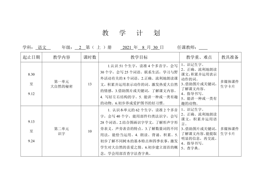 部编版二年级语文上册各单元教学计划.docx_第1页