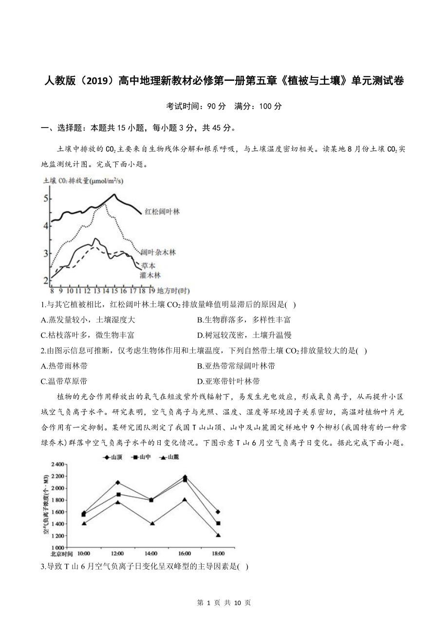 人教版（2019）高中地理新教材必修第一册第五章《植被与土壤》单元测试卷（含答案解析）.doc_第1页