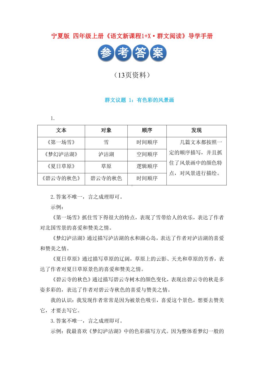 宁夏版 四年级上册《语文新课程1+X·群文阅读》 导学手册 答案（13页资料）.doc_第1页