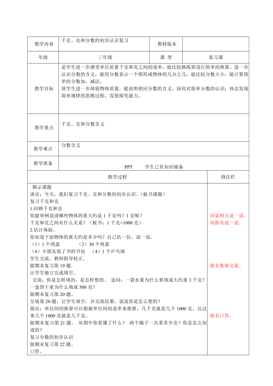 八 期末复习-4.分数的初步认识千克和克复习-教案、教学设计-市级公开课-苏教版三年级上册数学(配套课件编号：a0097).doc_第1页