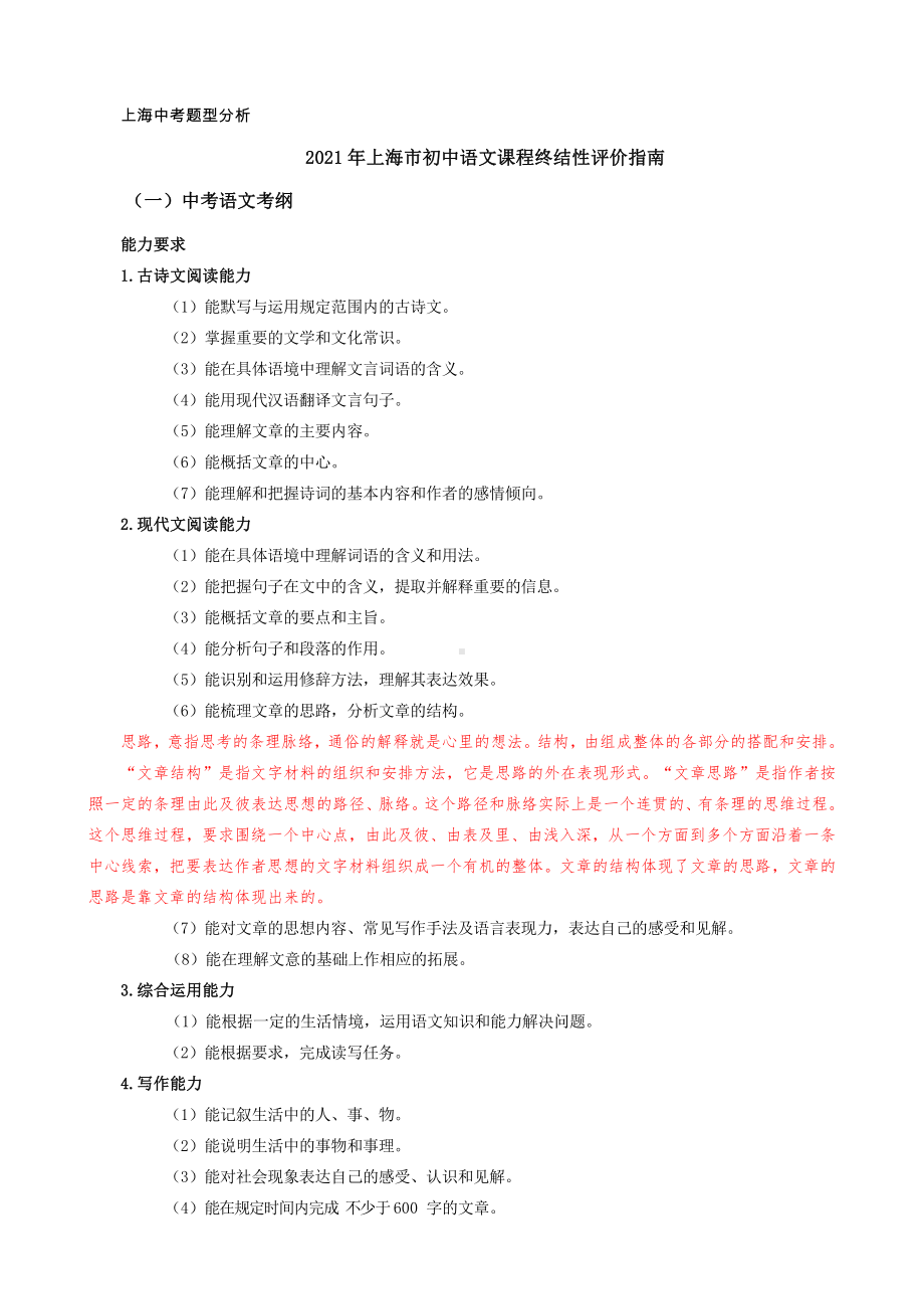 （机构适用）上海市2021年中考语文冲刺（考点梳理+强化训练）-01 上海中考题型分析.docx_第1页