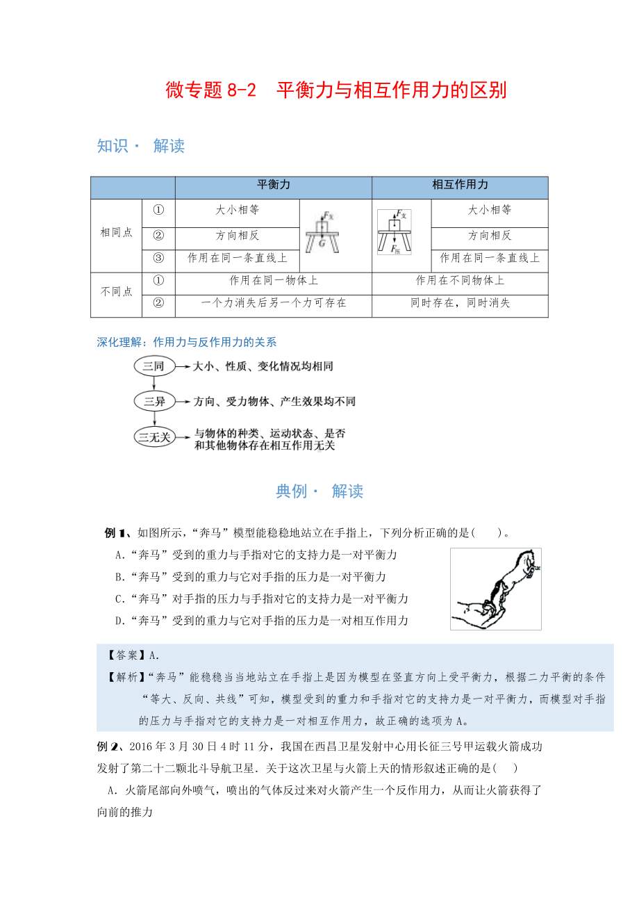 2022年中考物理复习培优讲义 8-2平衡力与相互作用力的区别（知识点+培优练习）.doc_第1页