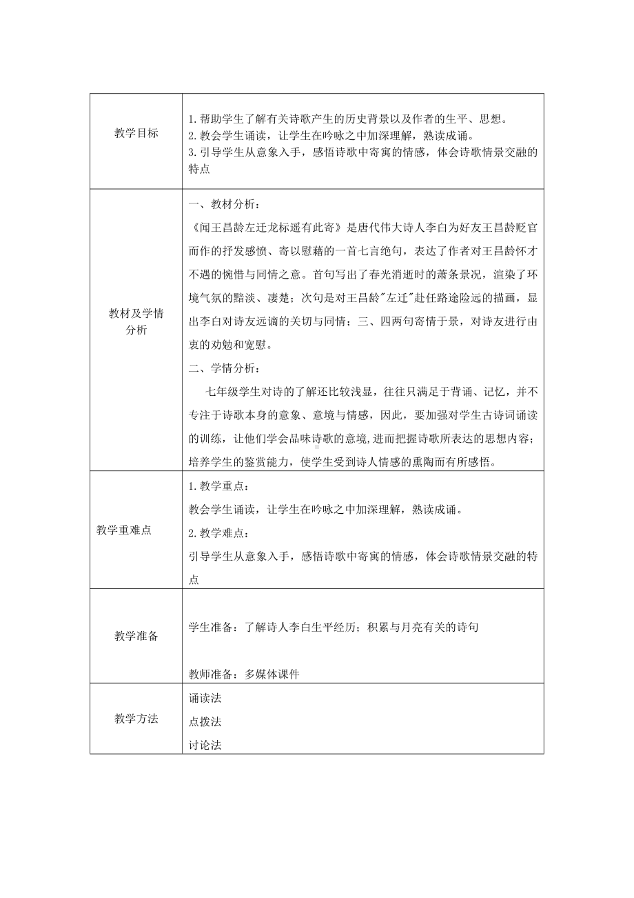 第一单元-阅读-4 古代诗歌四首- 闻王昌龄左迁龙标遥有此寄-教案、教学设计-市级公开课-部编版七年级上册语文(编号：d0150).zip(配套课件编号：e0473).docx_第1页