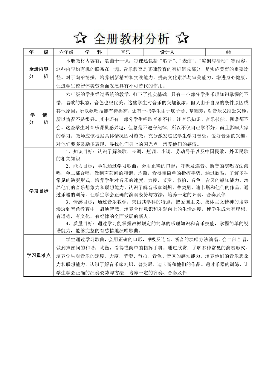 全册备课模板六年级上册音乐.doc_第1页