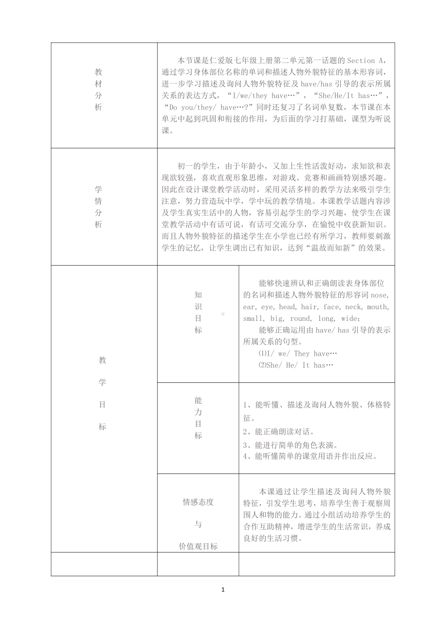 Unit 2 Looking Different-Topic 1 I have a small nose.-Section A-教案、教学设计-部级公开课-仁爱科普版七年级上册(配套课件编号：61746).doc_第1页