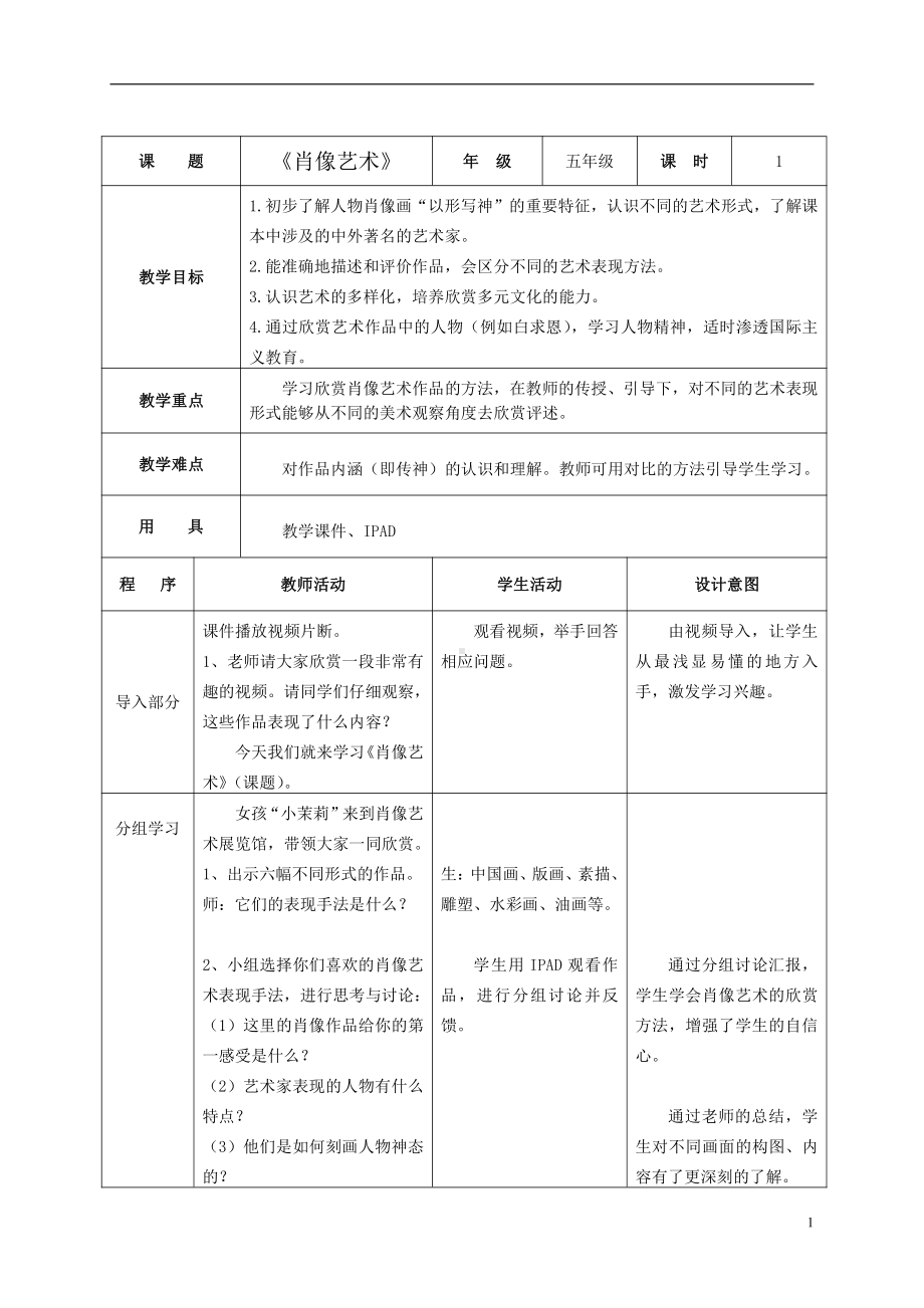 第1课 肖像艺术-教案、教学设计-省级公开课-人美版五年级上册美术(配套课件编号：d009c).doc_第1页