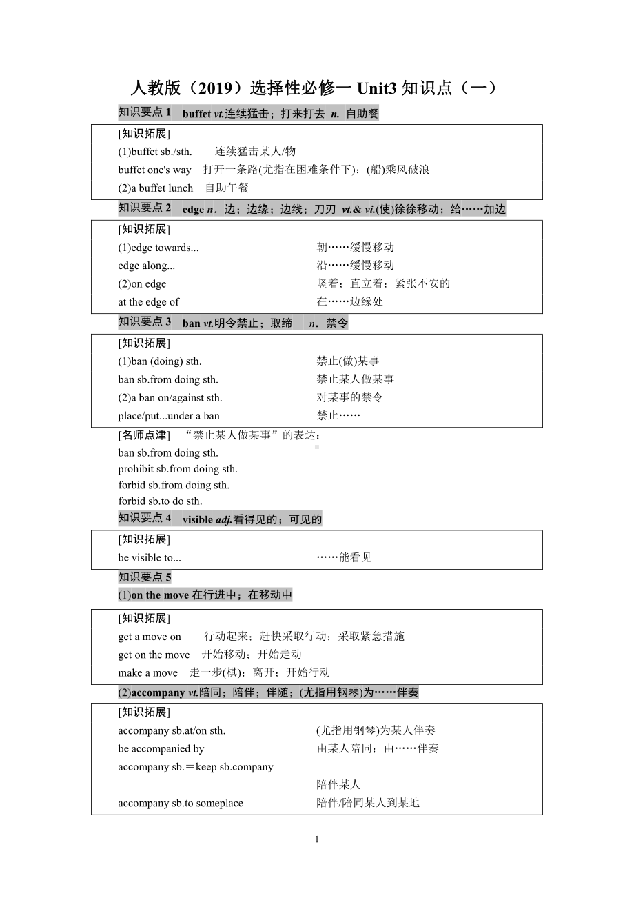 （2019版）人教版选择性必修第一册英语Unit 3 知识点 （含答案）.doc_第1页