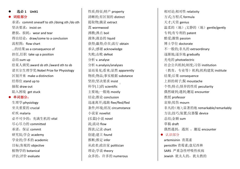 （2019版）人教版选择性必修第一册英语Unit 1 总结全部单词及词组（含答案）.docx_第1页