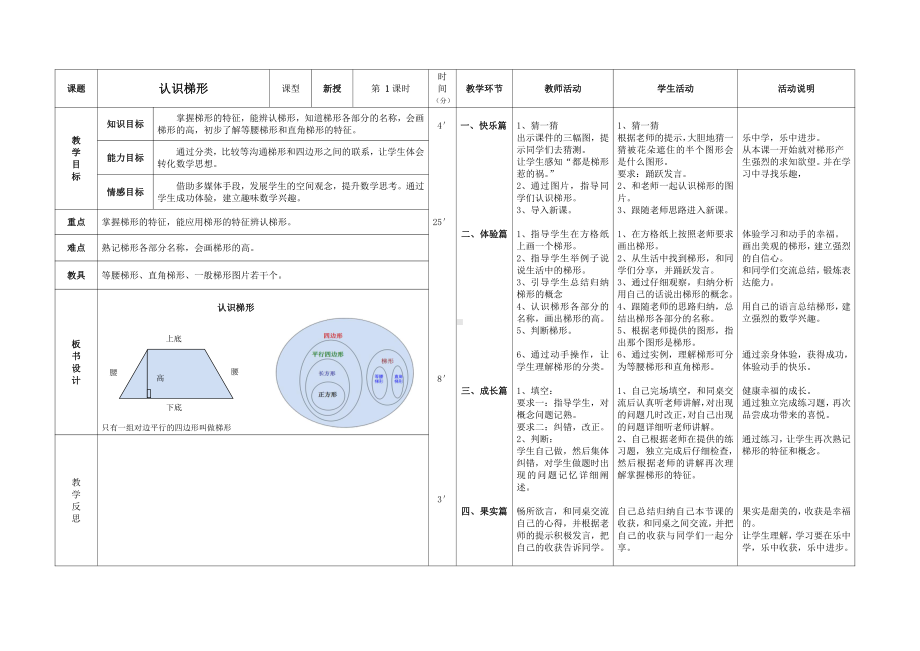 5　平行四边形和梯形-梯形的认识-教案、教学设计-市级公开课-人教版四年级上册数学(配套课件编号：5011f).doc_第1页