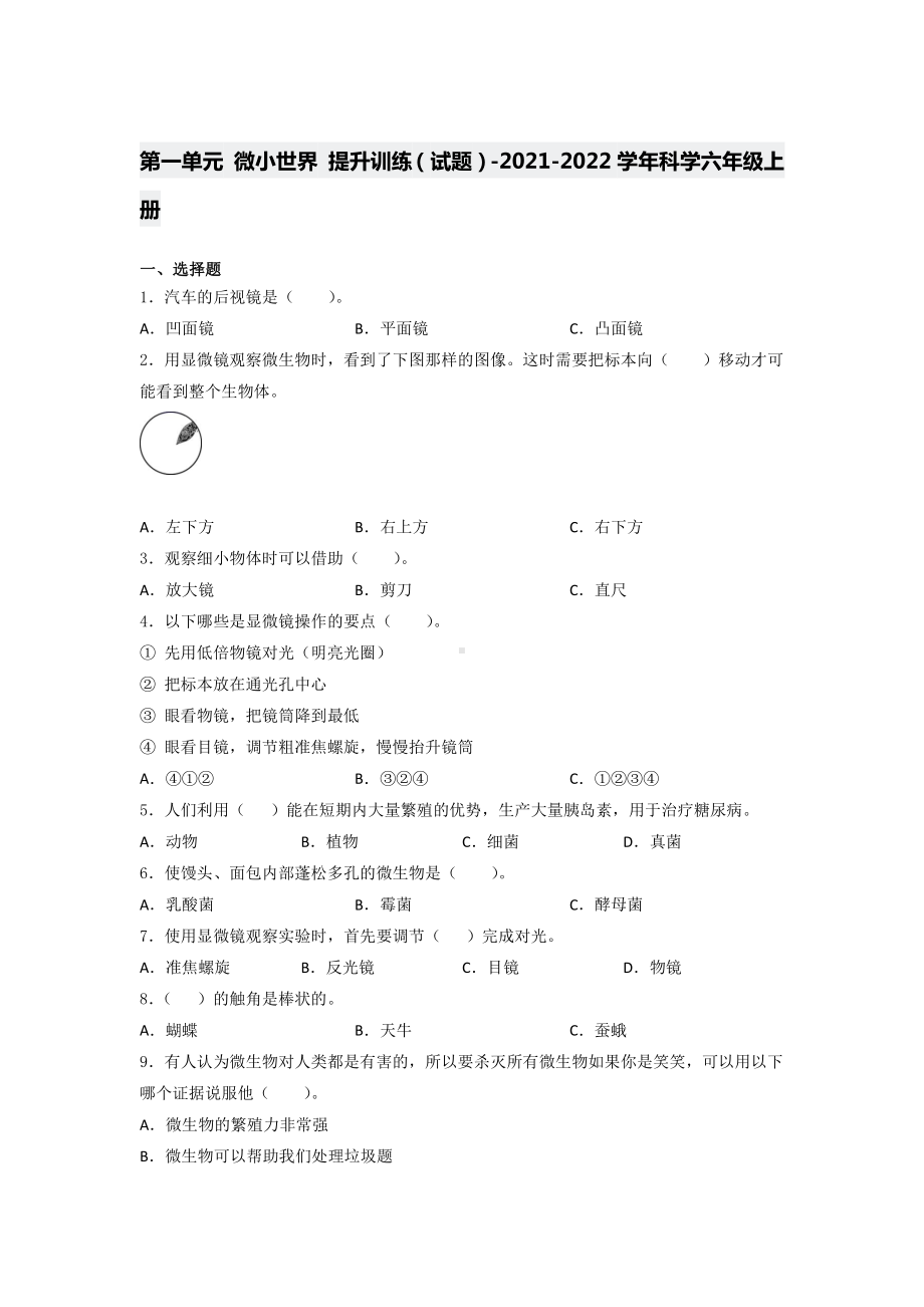 2021新教科版六年级上册科学第一单元 微小世界 提升训练（含答案）.docx_第1页