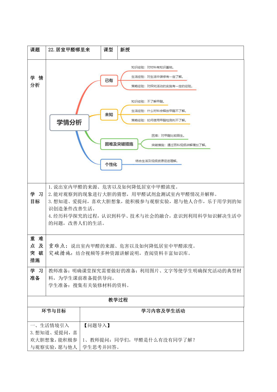 2021新青岛版（六三制）五年级上册科学《22.居室甲醛哪里来》表格式教案.docx_第1页