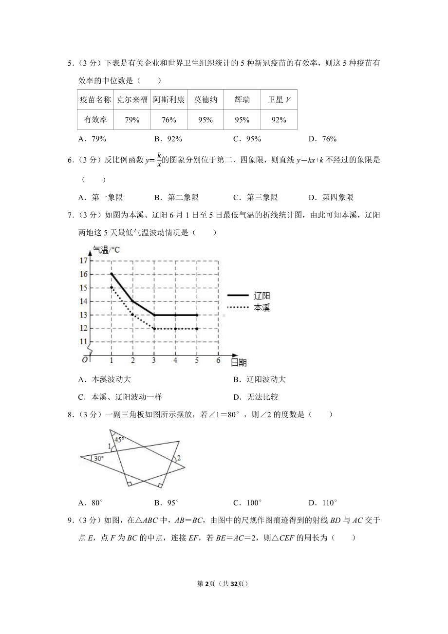 2021年辽宁省辽阳市、葫芦岛市、本溪市中考数学试卷（学生版+解析版）.docx_第2页