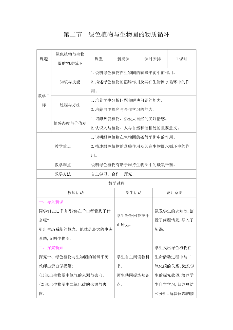 苏教版七年级生物上册：7-2绿色植物与生物圈的物质循环（教案含反思）.docx_第1页