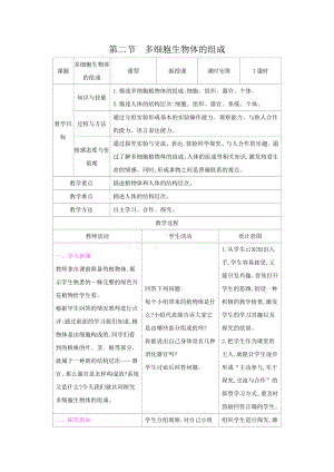 苏教版七年级生物上册：4-2多细胞生物体的组成（教案含反思）.docx