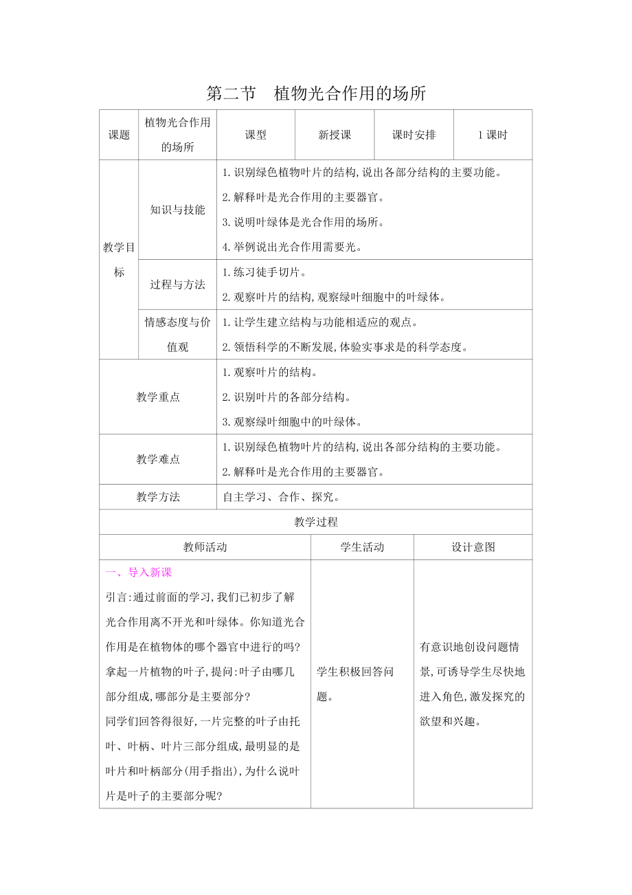 苏教版七年级生物上册：6-2植物光合作用的场所（教案含反思）.docx_第1页