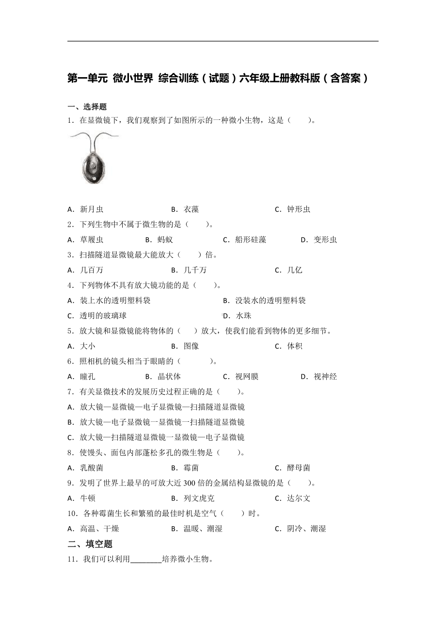 2021新教科版六年级上册科学第一单元 微小世界 综合训练试题（含答案）.docx_第1页