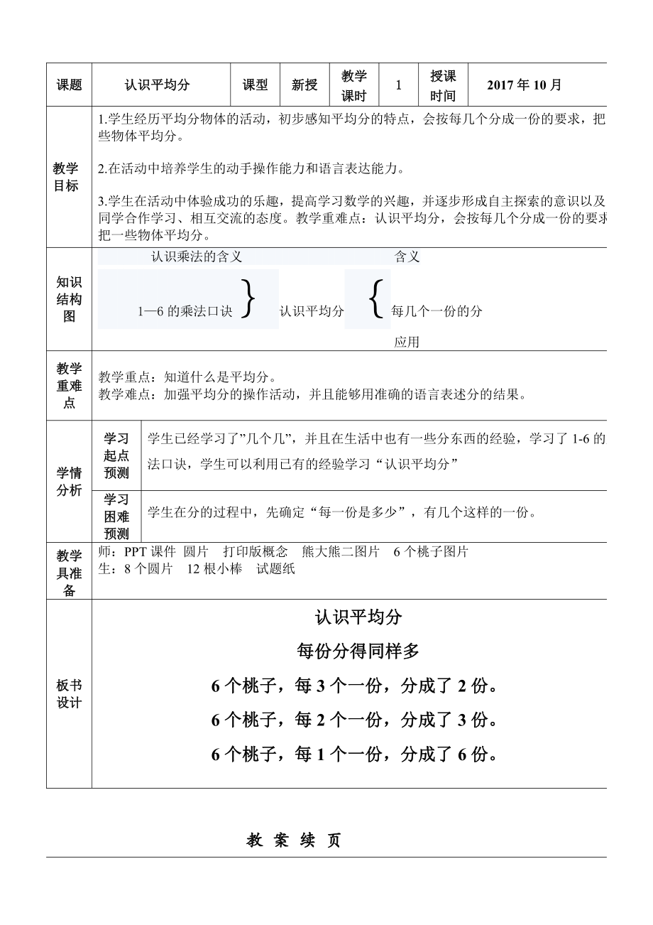 四 表内除法（一）-1.平均分（一）：平均分的含义与每几个一份-教案、教学设计-省级公开课-苏教版二年级上册数学(配套课件编号：f0956).doc_第1页