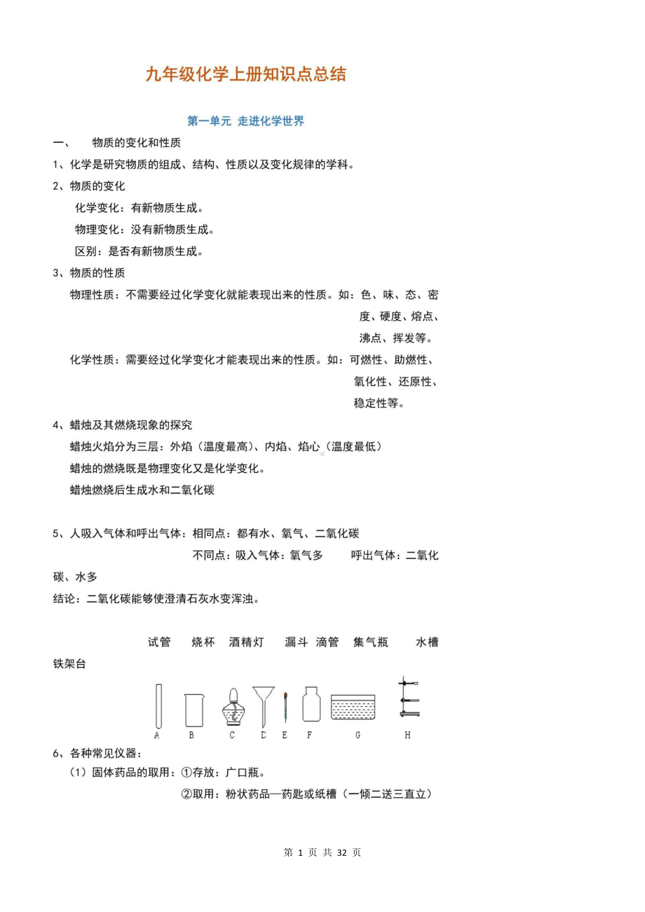 人教版九年级上册化学期末复习知识点提纲（含期末试卷及答案2套）.docx_第1页