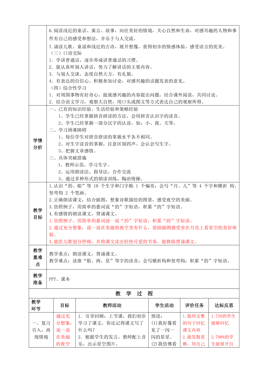 南京部编版一年级语文上册《小小的船》第2课时教案.doc_第2页