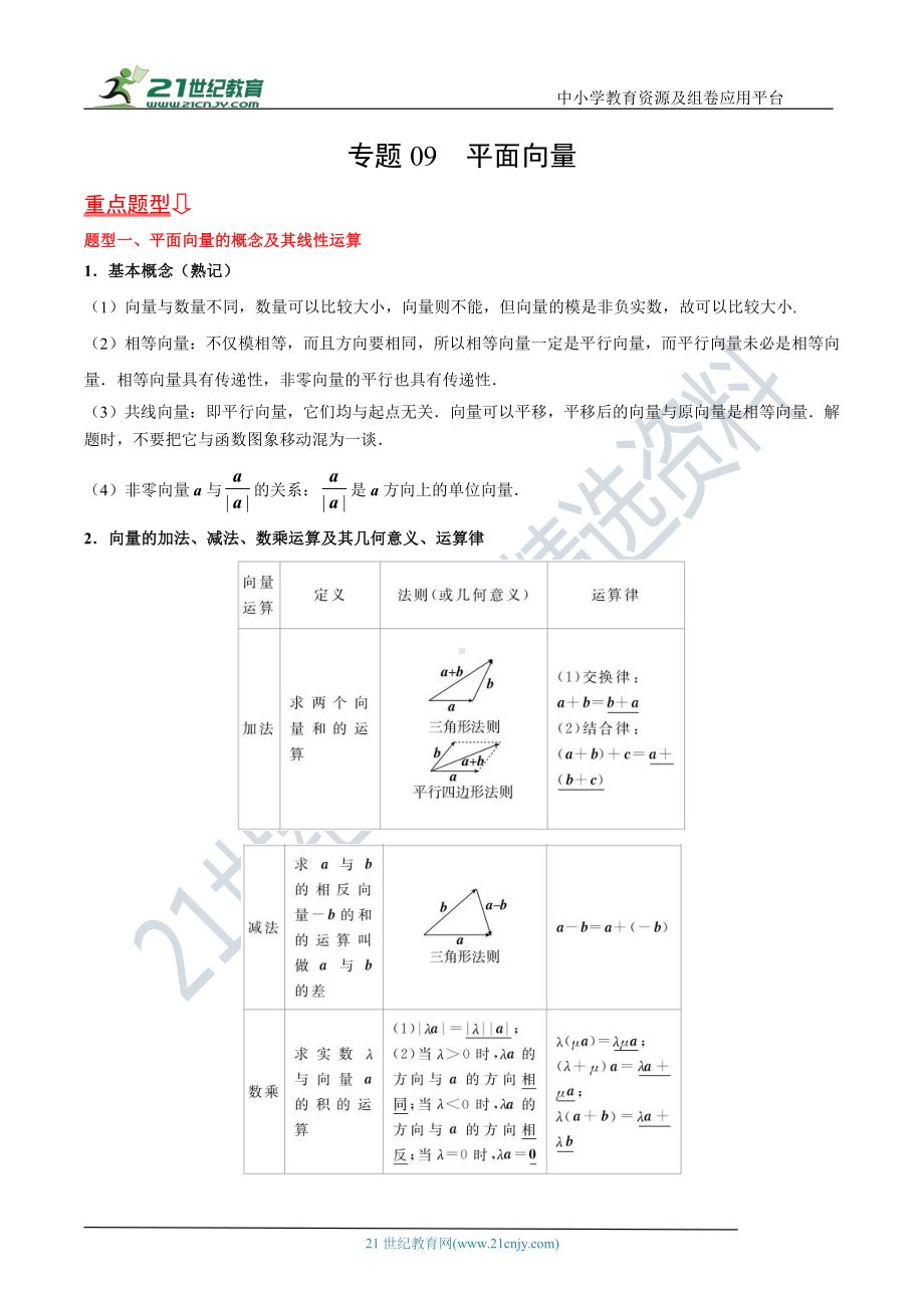 2022年高考数学重点题型讲与练专题09 平面向量（学生版）.docx_第1页