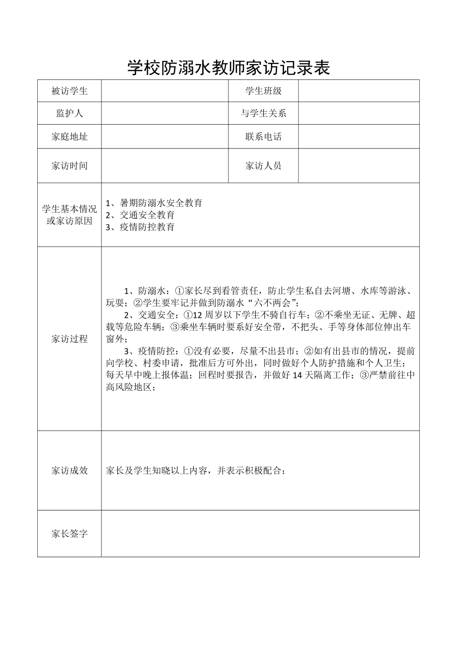 学校防溺水教师家访记录表.docx_第1页