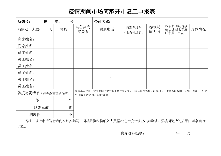 疫情期间市场商家开市复工申报表.docx_第1页