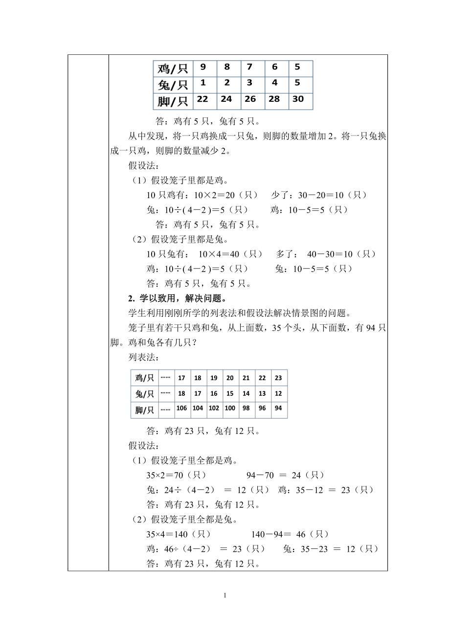 九 探索乐园-“鸡兔同笼”问题-教案、教学设计-市级公开课-冀教版五年级上册数学(配套课件编号：c10ad).docx_第2页