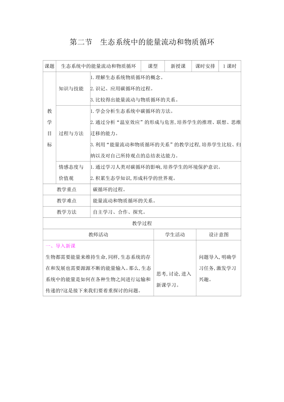 苏教版生物八年级上册19.2生态系统中的能量流动和物质循环（教案）.docx_第1页