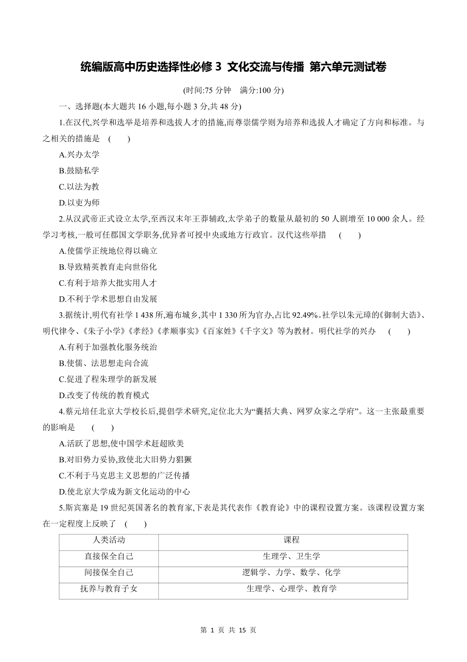 统编版高中历史选择性必修3 文化交流与传播 第六单元测试卷（含答案解析）.docx_第1页