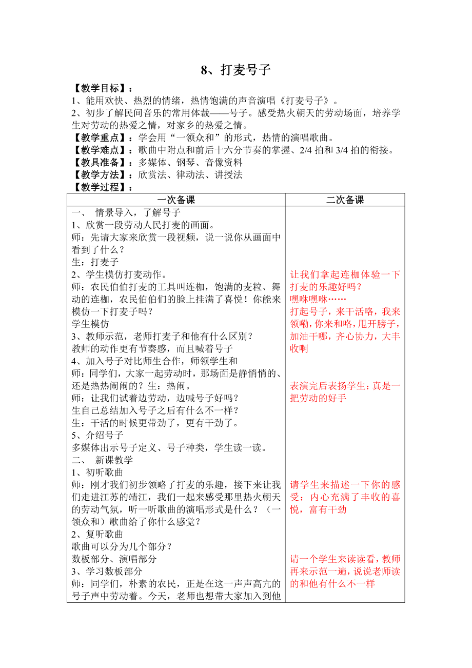 第二单元 丰收之歌-唱：丰收之歌 打麦号子-教案、教学设计-市级公开课-苏少版（简谱）四年级上册音乐(配套课件编号：e1499).doc_第1页