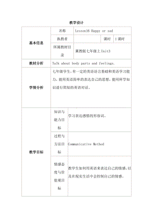 Unit 3 Body Parts and Feelings-Lesson 16 Happy or Sad-教案、教学设计-市级公开课-冀教版七年级上册英语(配套课件编号：10996).doc