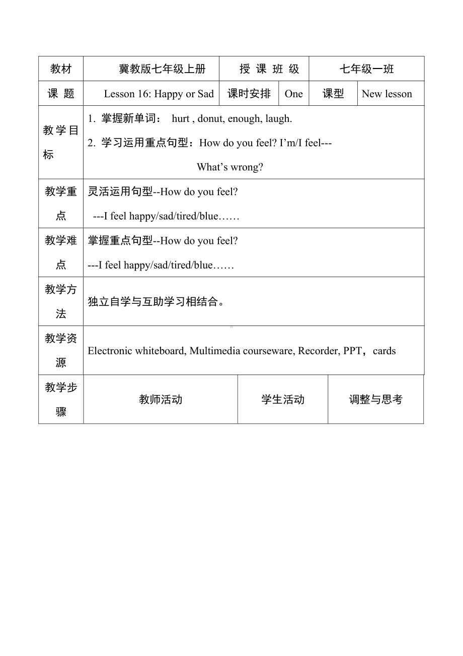 Unit 3 Body Parts and Feelings-Lesson 16 Happy or Sad-教案、教学设计-省级公开课-冀教版七年级上册英语(配套课件编号：252ad).doc_第1页