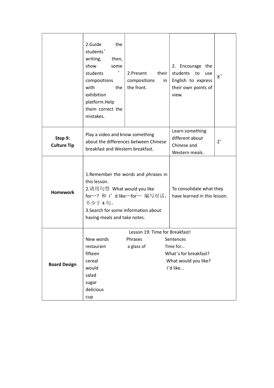 Unit 4 Food and Restaurants-Lesson 19 Time for Breakfast!-教案、教学设计-市级公开课-冀教版七年级上册英语(配套课件编号：9066e).docx_第3页