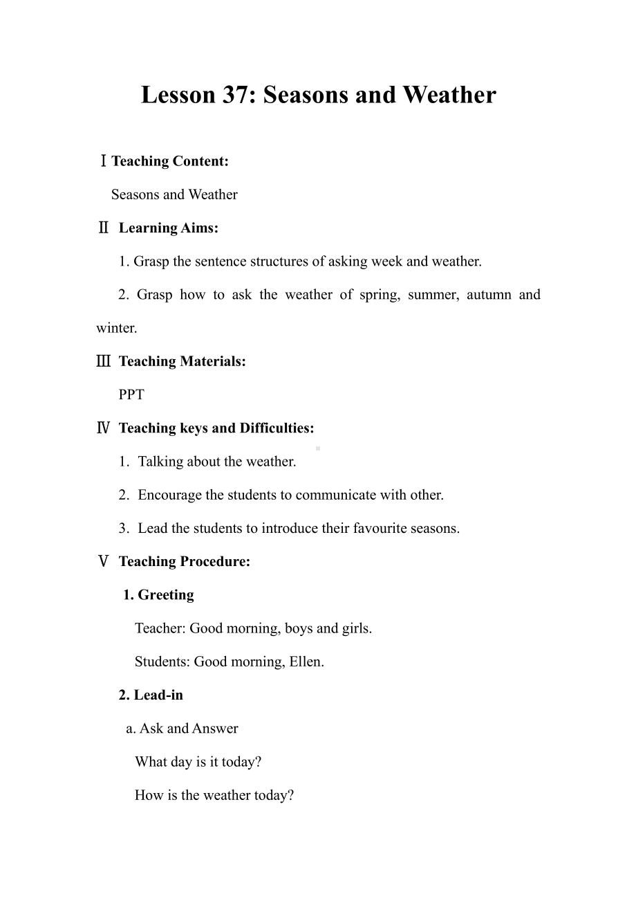 Unit 7 Days and Months-Lesson 37 Seasons and Weather-教案、教学设计-市级公开课-冀教版七年级上册英语(配套课件编号：f74b2).doc_第1页