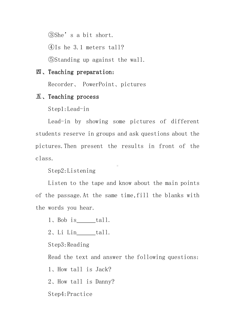 Unit 3 Body Parts and Feelings-Lesson 15 Tall or Short-教案、教学设计-市级公开课-冀教版七年级上册英语(配套课件编号：4009c).docx_第2页