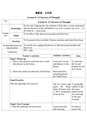 Unit 2 Great People-Lesson 8 A Universe of Thought-教案、教学设计-市级公开课-冀教版九年级全一册英语(配套课件编号：05bbb).docx