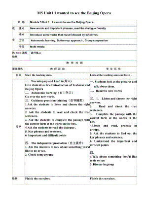 Module 5 Lao She Teahouse-Unit 1 I wanted to see the Beijing Opera.-教案、教学设计-省级公开课-外研版八年级上册英语(配套课件编号：31dc1).doc