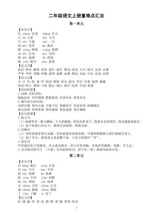 小学语文部编版二年级上册全册重难点汇总（分单元编排）.docx