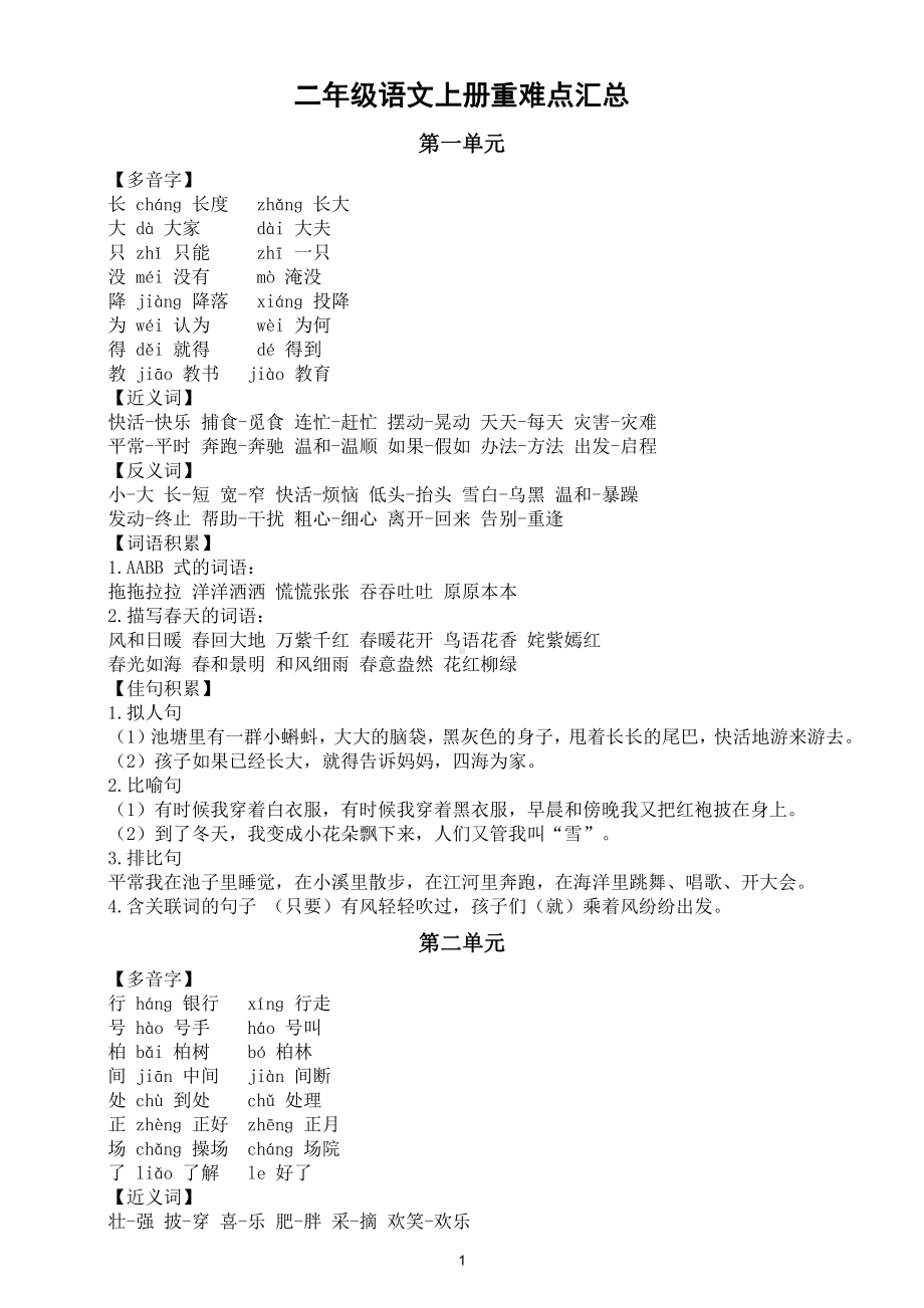 小学语文部编版二年级上册全册重难点汇总（分单元编排）.docx_第1页