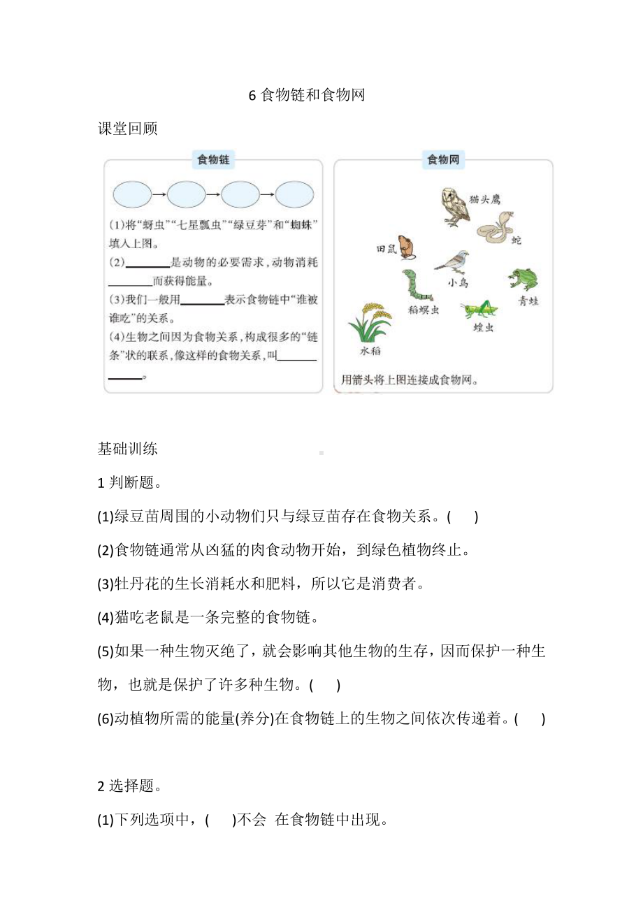 2022新教科版五年级下册科学4.1.6 食物链和食物网 巩固练习（含答案）.doc_第1页