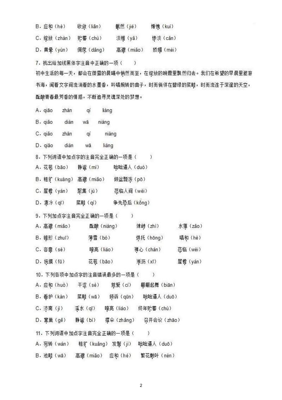 初中语文部编版七年级上册字音专项练习（附参考答案）.doc_第2页