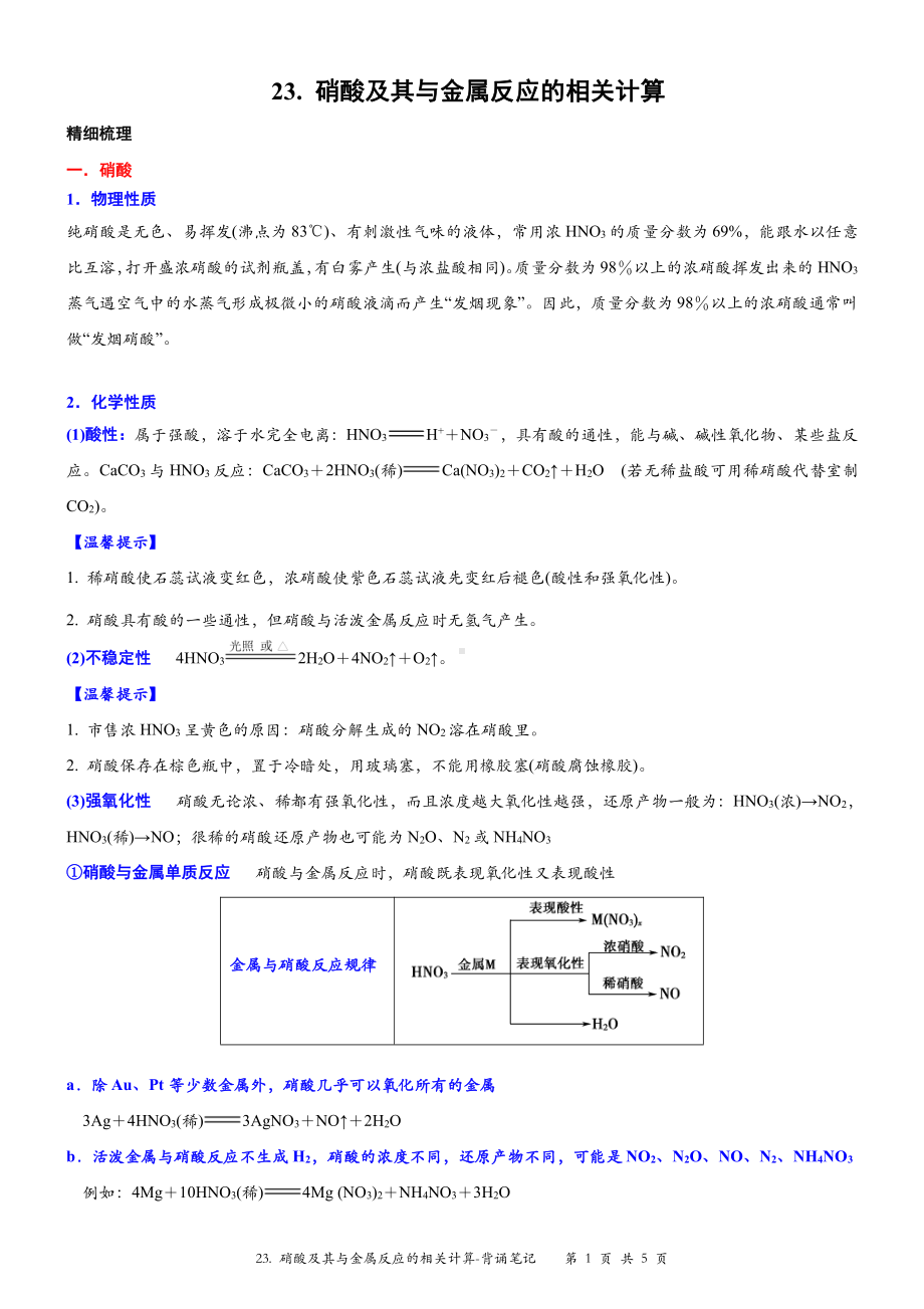 （新教材）沪教版（2020）高中化学必修第一册第二十三讲：硝酸及其与金属反应的相关计算背诵素材.docx_第1页