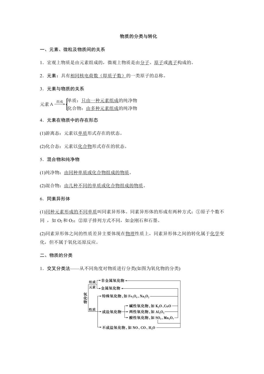 （2019新教材）人教版高中化学必修第一册1.1 物质的分类及转化知识点.docx_第1页