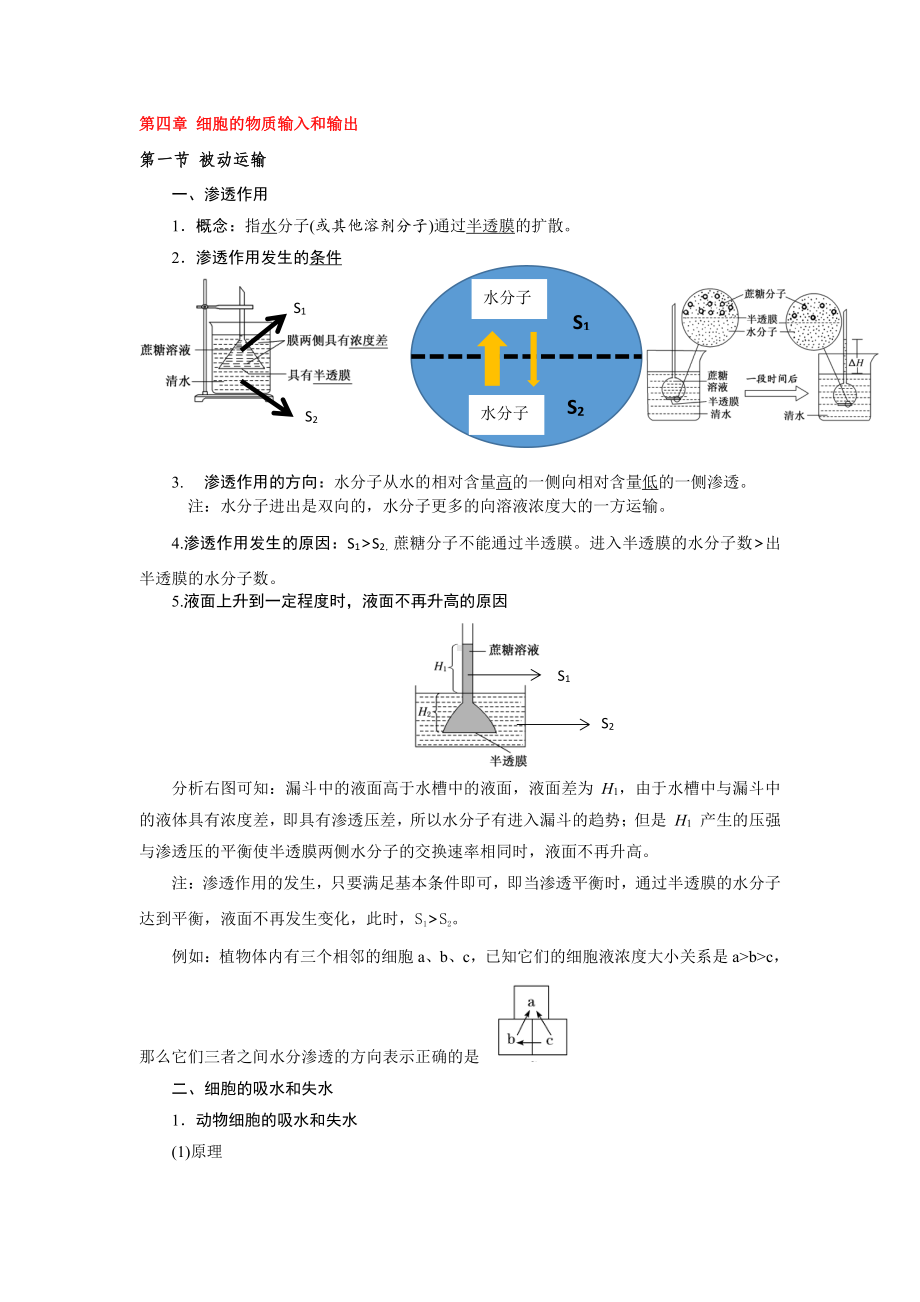 （2019新教材）人教版高中生物必修1第四章细胞的物质输入和输出知识总结.docx_第1页