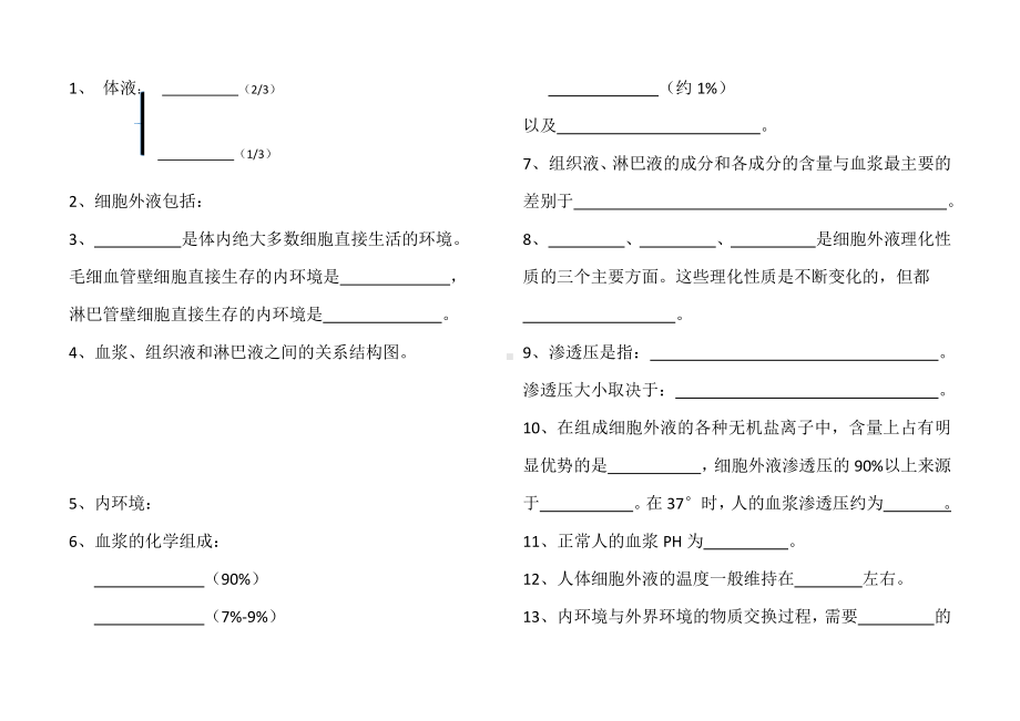 （新教材）2019人教版高中生物选择性必修1第一章人体的内环境与稳态知识点填空(02).docx_第1页