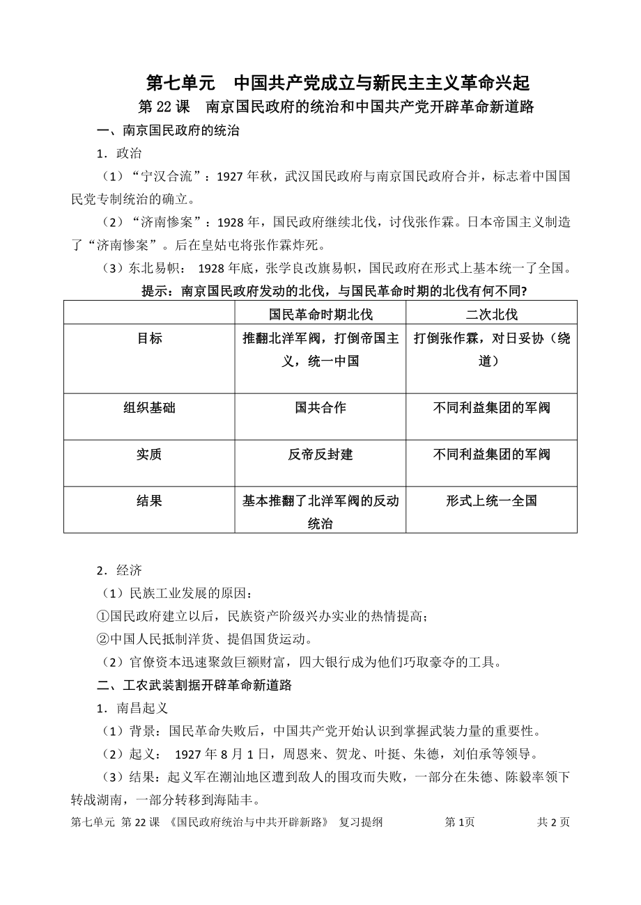 人教（统编）部编版必修中外历史纲要上第22课南京国民政府的统治和中国共产党开辟革命新道路知识归纳提纲.docx（4页）_第1页