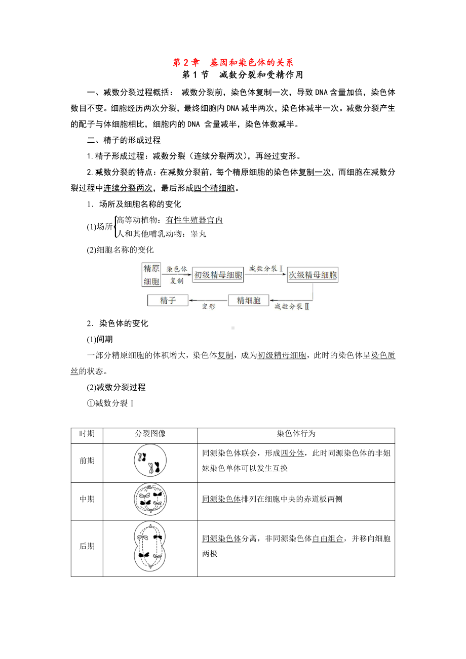 （2019新教材）人教版高中生物必修2第2章 基因和染色体的关系-知识点总结-.docx_第1页