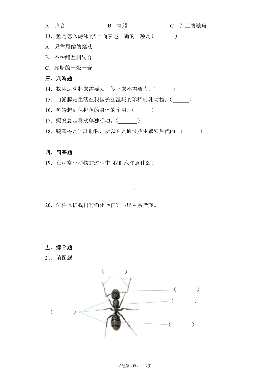 2021新青岛版（五四制）四年级上册科学第四单元消化与呼吸测试卷（含答案）.docx_第2页