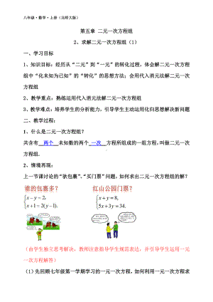 第五章 二元一次方程组-2 求解二元一次方程组-代入法解二元一次方程组-教案、教学设计-市级公开课-北师大版八年级上册数学(配套课件编号：d09b7).doc