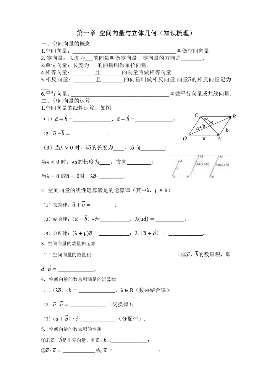 （新教材）人教A版（2019）高中数学选择性必修第一册第一章 空间向量与立体几何(知识梳理）.docx_第1页